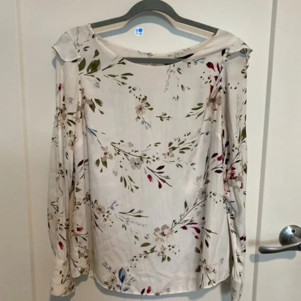 White House Black Market Floral Satin Blouse Women’s 10 Ivory Button Sleeve Top